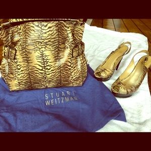 Stuart Weitzman animal print shoes and handbag.